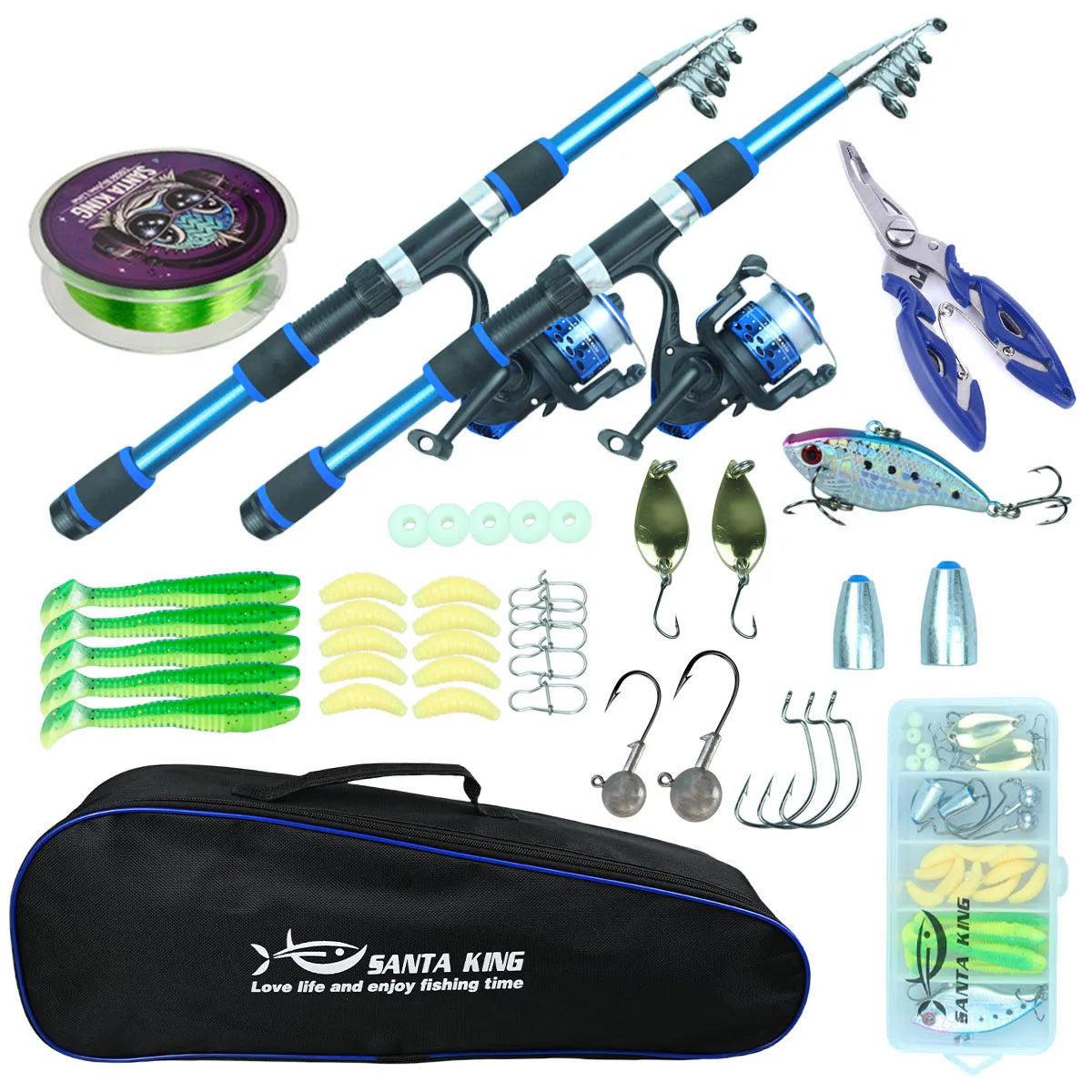 Kit de Pesca 2 Varas com Carretilha + Linha 100m + Bolsa + Alicate Multifuncional + Caixa de Acessórios
