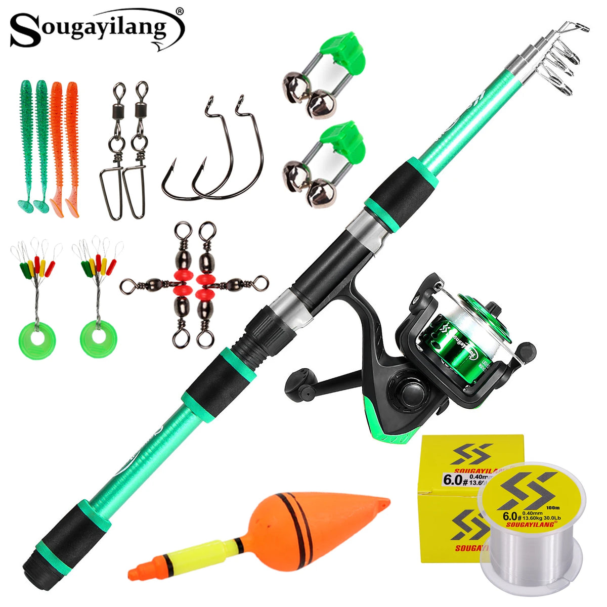 Kit de Pesca Telescópico Sougayilang – Vara de Fibra de Vidro Portátil + Carretilha 5.2:1 + Anzóis, Iscas e Linha