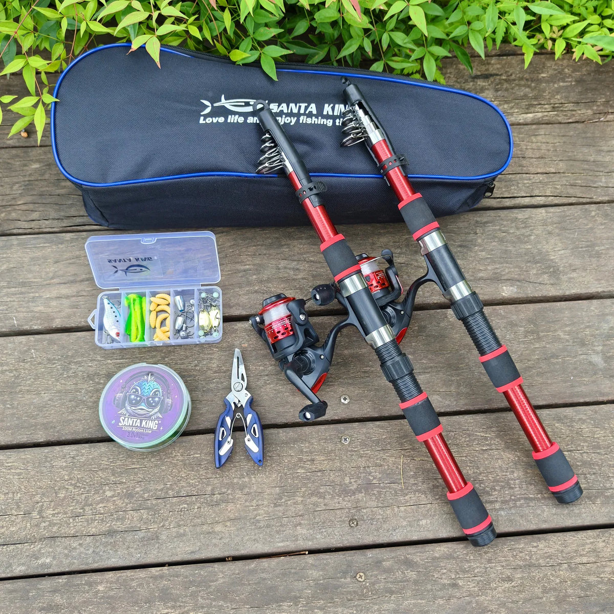 Kit de Pesca 2 Varas com Carretilha + Linha 100m + Bolsa + Alicate Multifuncional + Caixa de Acessórios