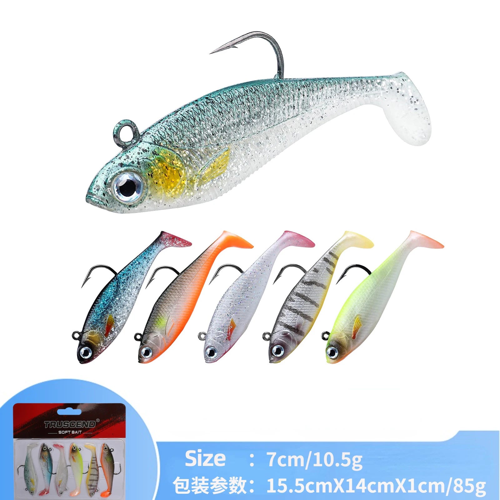 Kit 4 a 6 Iscas Soft 7g a 20g com Jig Head e Cauda em T