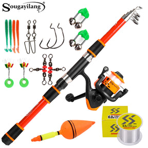 Kit de Pesca Telescópico Sougayilang – Vara de Fibra de Vidro Portátil + Carretilha 5.2:1 + Anzóis, Iscas e Linha