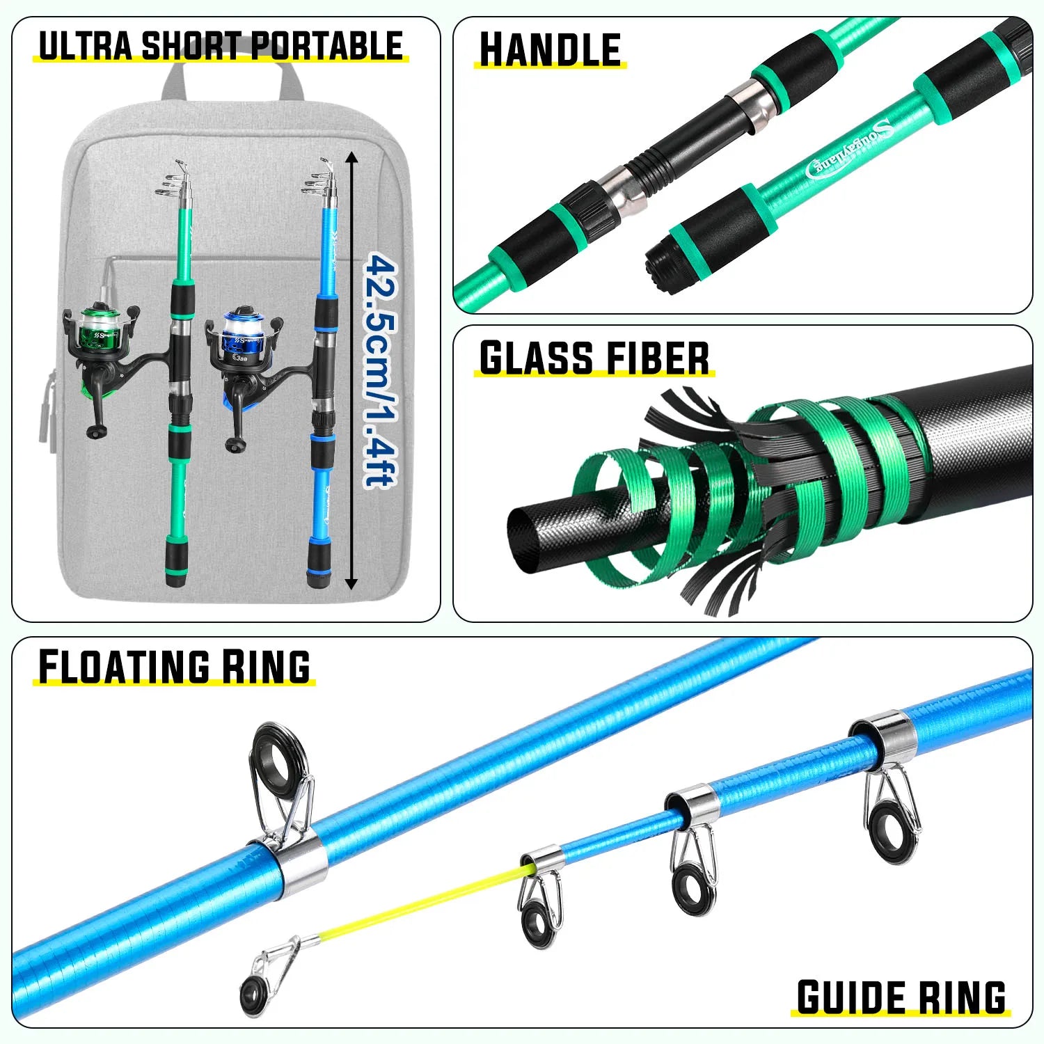 Kit de Pesca Telescópico Sougayilang – Vara de Fibra de Vidro Portátil + Carretilha 5.2:1 + Anzóis, Iscas e Linha
