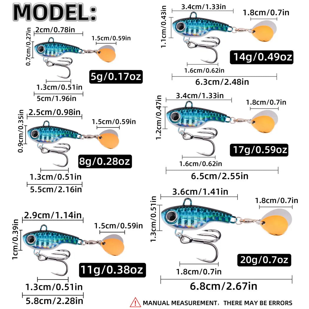 Kit 5 Iscas de Metal Tipo Spoon e Spinner – Afundantes, com Cauda de Lantejoula Giratória, Arremesso Longo, Ideais para Robalo e Pesca no Mar