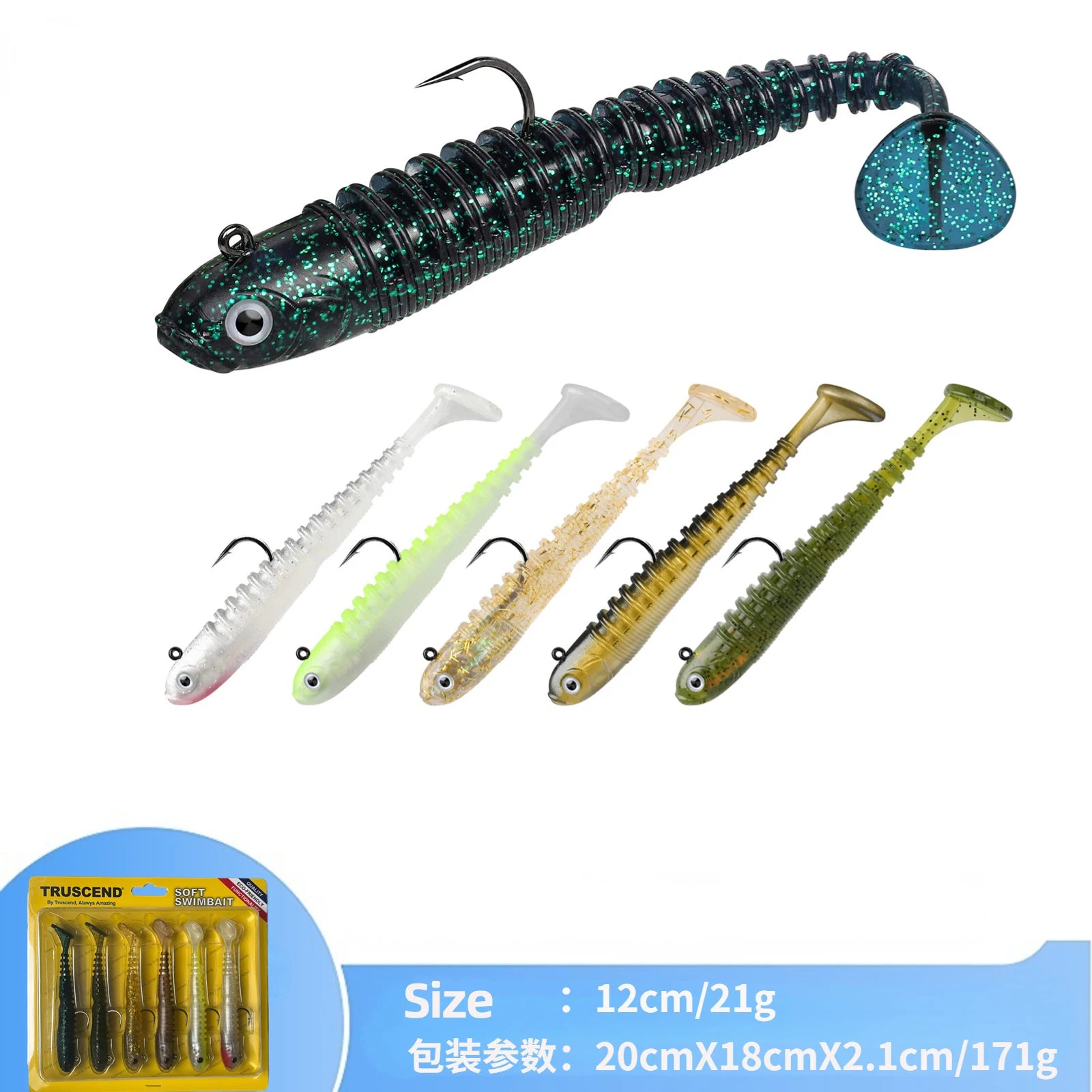 Kit 4 a 6 Iscas Soft 7g a 20g com Jig Head e Cauda em T