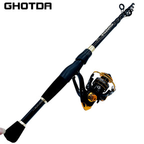 Combo Vara e Carretilha GHOTDA 1,6~2,4m – Fibra de Carbono Ultralight, Telescópica, Para Iscas e Pesca de Carpa
