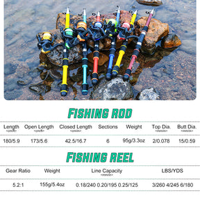 Kit de Pesca Telescópico Sougayilang – Vara de Fibra de Vidro Portátil + Carretilha 5.2:1 + Anzóis, Iscas e Linha