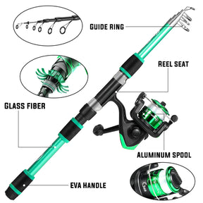 Kit de Pesca Telescópico Sougayilang – Vara de Fibra de Vidro Portátil + Carretilha 5.2:1 + Anzóis, Iscas e Linha