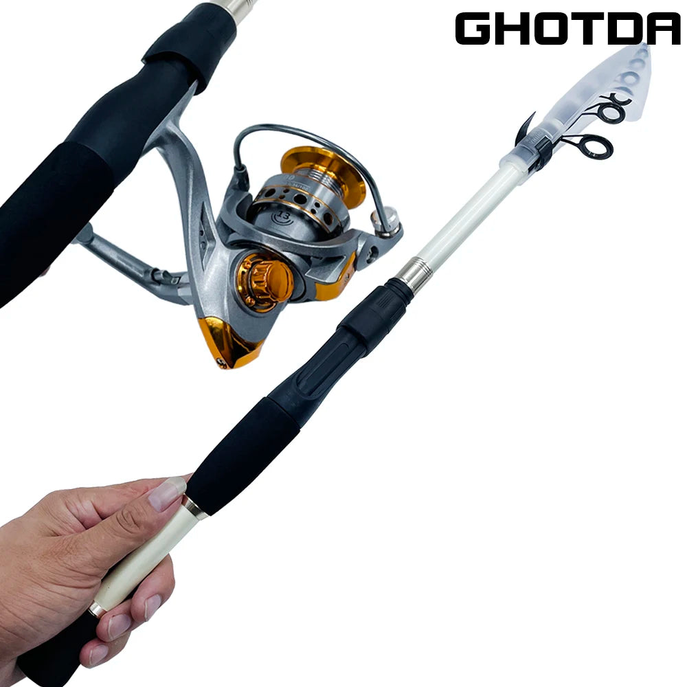 Combo Vara e Carretilha GHOTDA 1,6~2,4m – Fibra de Carbono Ultralight, Telescópica, Para Iscas e Pesca de Carpa