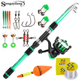 Kit de Pesca Telescópico Sougayilang – Vara de Fibra de Vidro Portátil + Carretilha 5.2:1 + Anzóis, Iscas e Linha