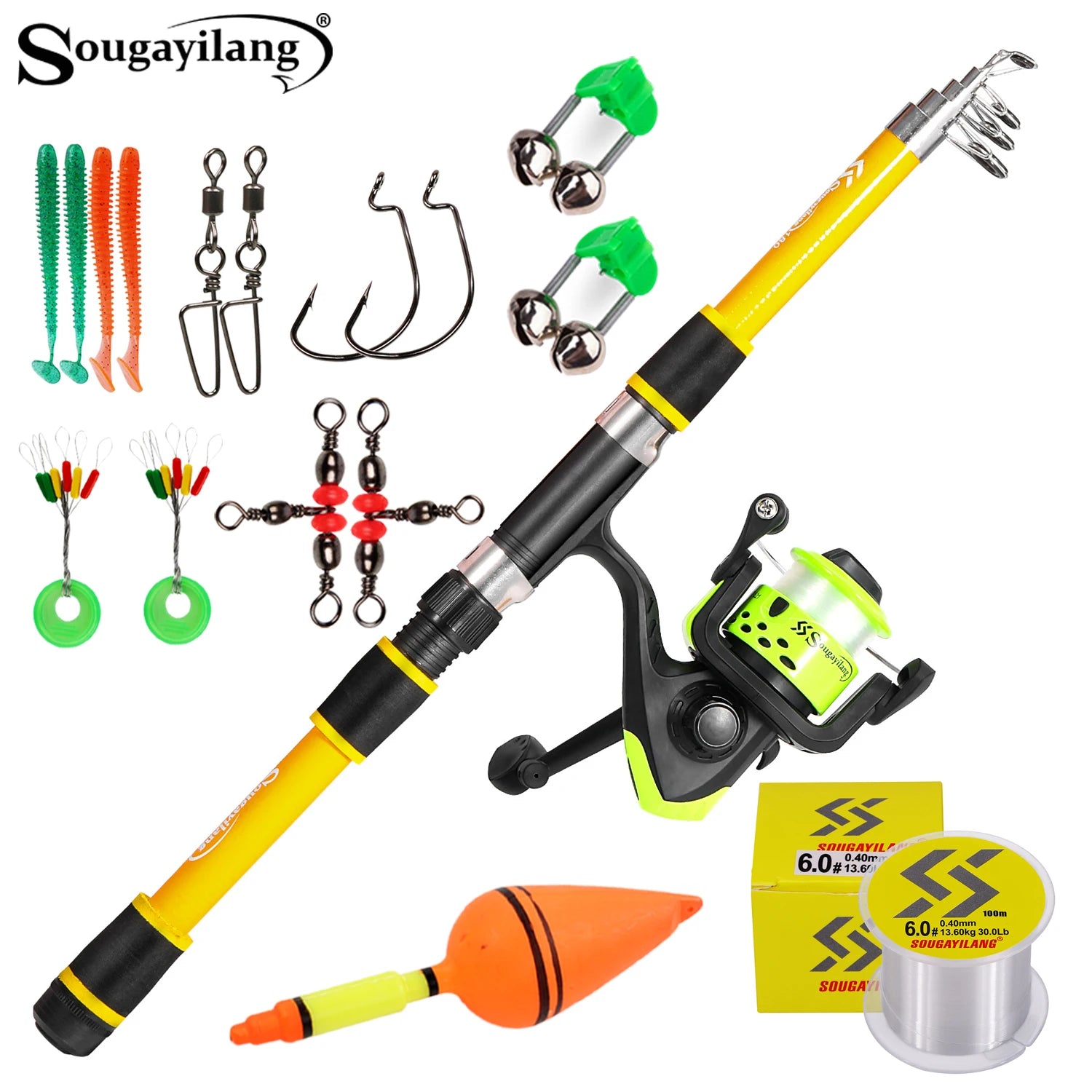 Kit de Pesca Telescópico Sougayilang – Vara de Fibra de Vidro Portátil + Carretilha 5.2:1 + Anzóis, Iscas e Linha