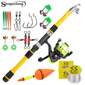 Kit de Pesca Telescópico Sougayilang – Vara de Fibra de Vidro Portátil + Carretilha 5.2:1 + Anzóis, Iscas e Linha